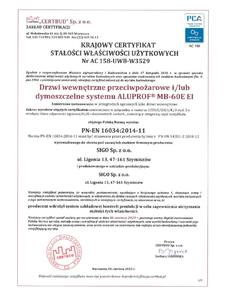 KRAJOWY CERTYFIKAT STAŁOŚCI WŁAŚCIWOŚCI UŻYTKOWYCH Nr AC 158-UWB-W3529