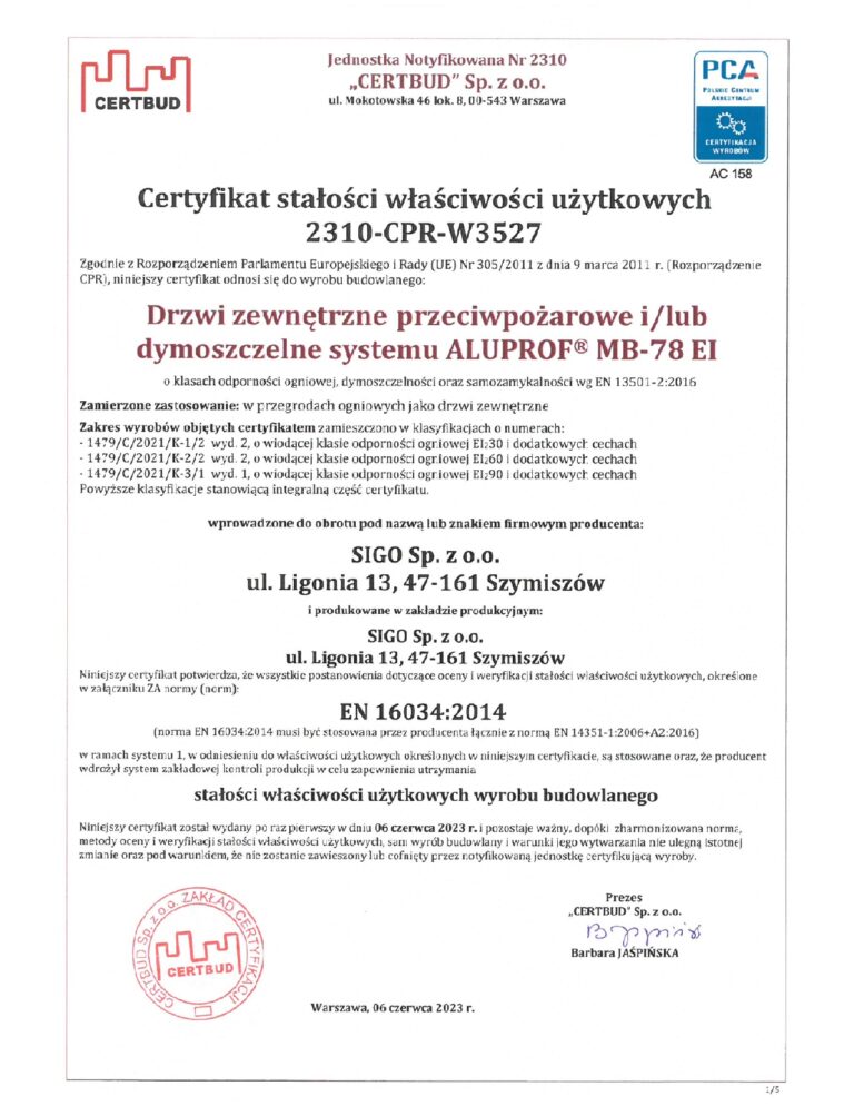 KRAJOWY CERTYFIKAT STAŁOŚCI WŁAŚCIWOŚCI UŻYTKOWYCH 2310-CPR-W3527