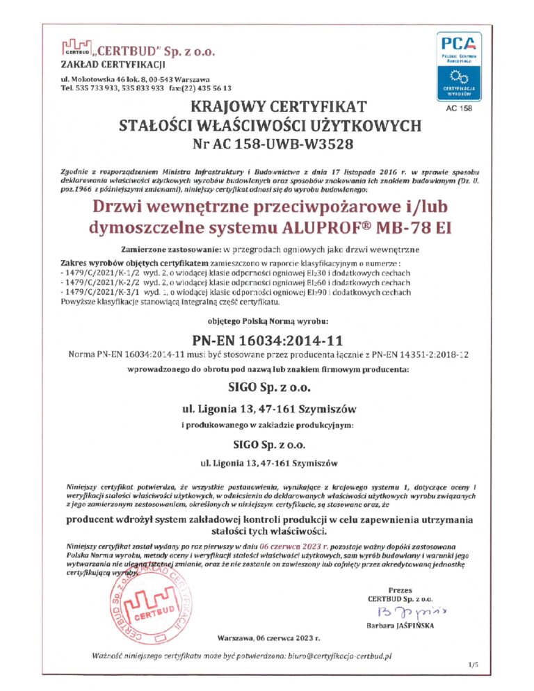 KRAJOWY CERTYFIKAT STAŁOŚCI WŁAŚCIWOŚCI UŻYTKOWYCH Nr AC 158-UWB-W3528