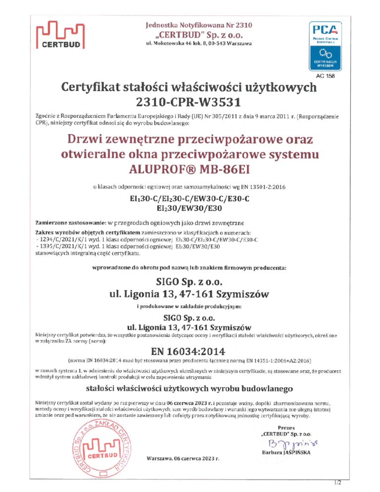 KRAJOWY CERTYFIKAT STAŁOŚCI WŁAŚCIWOŚCI UŻYTKOWYCH 2310-CPR-W3531