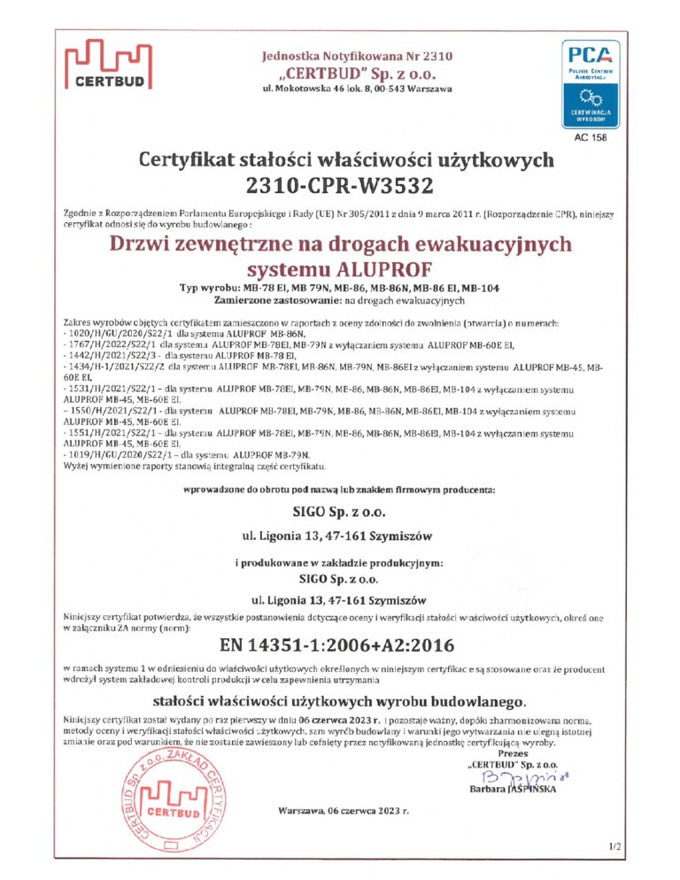 KRAJOWY CERTYFIKAT STAŁOŚCI WŁAŚCIWOŚCI UŻYTKOWYCH 2310-CPR-W3532