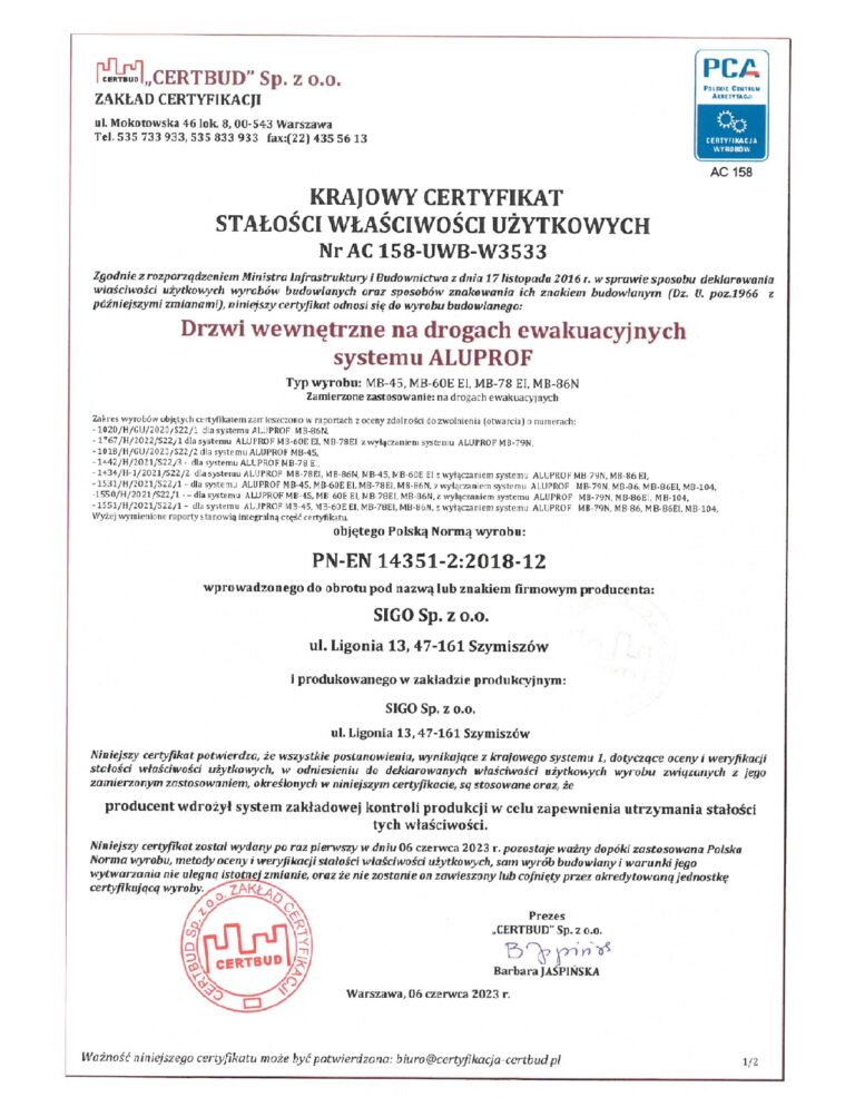 KRAJOWY CERTYFIKAT STAŁOŚCI WŁAŚCIWOŚCI UŻYTKOWYCH Nr AC 158-UWB-W3533